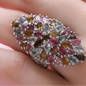 Multi-Tourmaline Cluster Ring in Platinum over Sterling Silver, Sz 7, 7.…